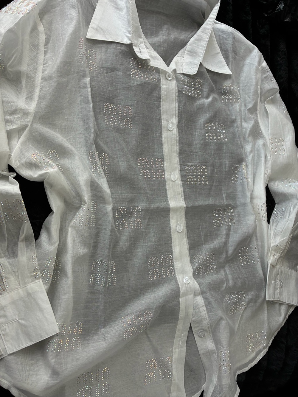 New Womens Sheer MiMiu Studded Rhinestone Button Down White Blouse Size Med